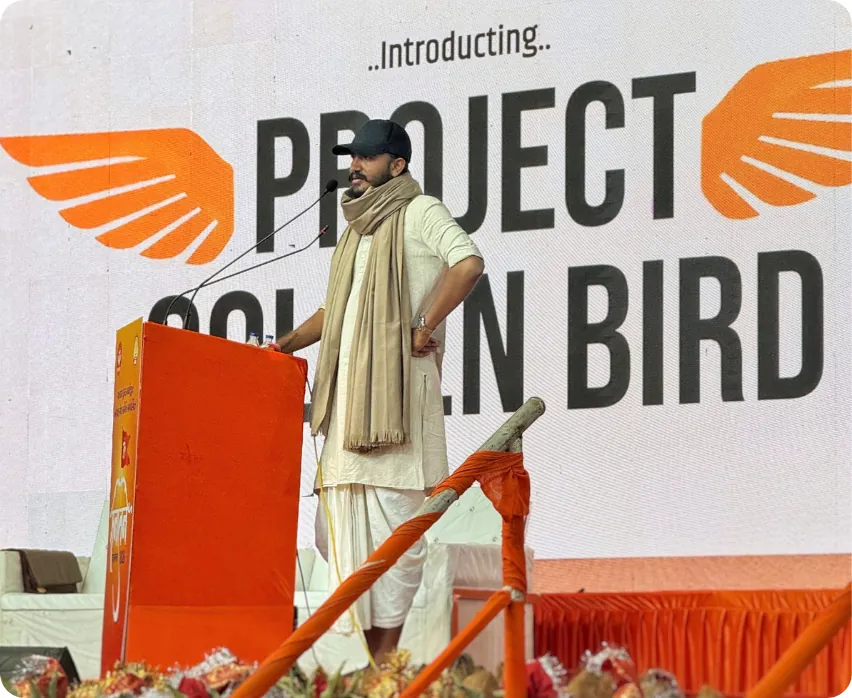 Founder introducing Project Golden Bird on stage