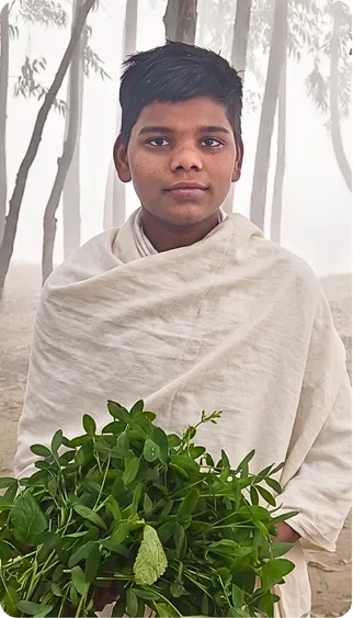 Student holding freshly harvested greens on a misty morning